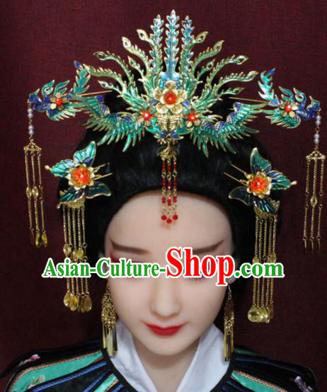Chinese Ancient Cloisonne Phoenix Coronet Headwear Traditional Tang Dynasty Queen Hairpins Hair Accessories for Women