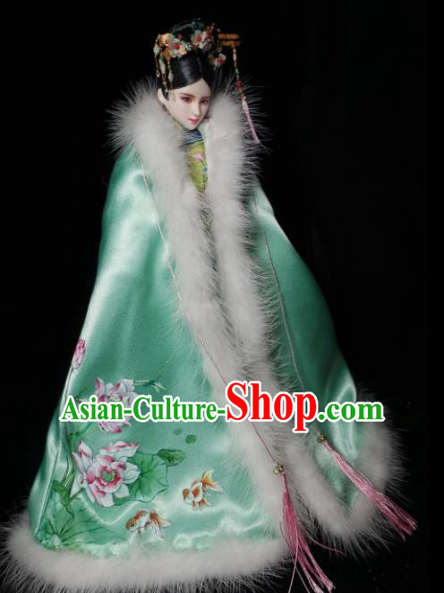 Chinese Qing Dynasty Manchu Princess Green Cloak Ancient Palace Embroidered Historical Costume for Women