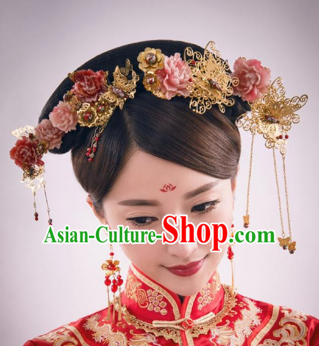 Chinese Ancient Bride Pink Peony Hairpins Traditional Palace Wedding Hair Accessories Complete Set for Women