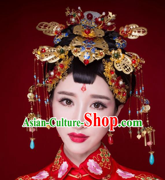 Chinese Ancient Bride Cloisonne Hairpins Jade Phoenix Coronet Traditional Palace Wedding Hair Accessories Complete Set for Women