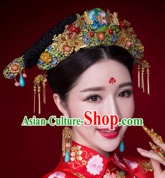 Chinese Ancient Bride Hairpins Cloisonne Lotus Phoenix Coronet Traditional Palace Wedding Hair Accessories Complete Set for Women