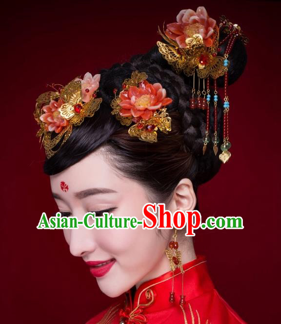 Chinese Ancient Bride Hairpins Red Lotus Phoenix Coronet Traditional Palace Wedding Hair Accessories Complete Set for Women