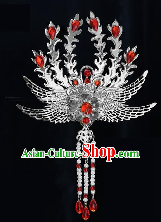 Chinese Ancient Princess Tassel Hair Clip Red Crystal Phoenix Hairpins Traditional Palace Hanfu Hair Accessories for Women