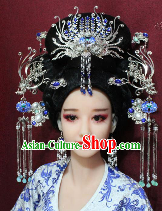 Chinese Ancient Queen Tassel Cloisonne Phoenix Coronet Hairpins Traditional Palace Wedding Hair Accessories for Women