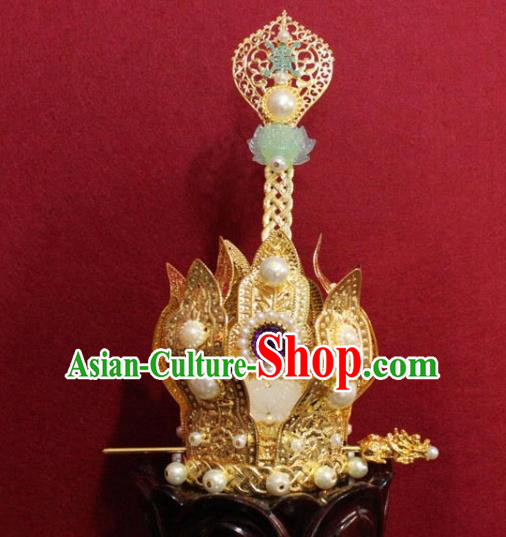 Handmade Chinese Taoism Jade Lotus Hairdo Crown Traditional Ancient Taoist Swordsman Hair Accessories for Men