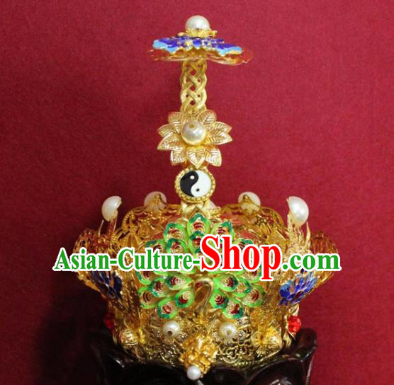 Handmade Chinese Taoism Cloisonne Lotus Hairdo Crown Traditional Ancient Taoist Swordsman Hair Accessories for Men