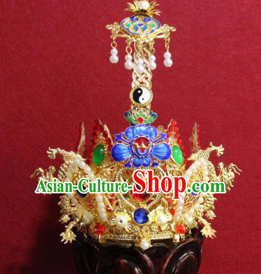 Handmade Chinese Taoism Blueing Lotus Hairdo Crown Traditional Ancient Taoist Swordsman Hair Accessories for Men