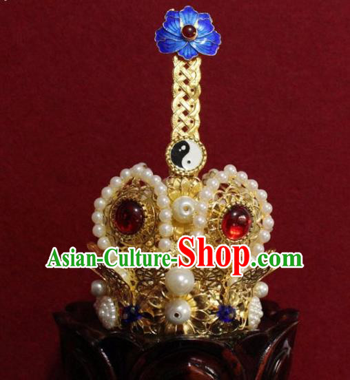 Handmade Chinese Taoism Pearls Golden Hairdo Crown Traditional Ancient Taoist Swordsman Hair Accessories for Men