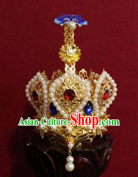 Handmade Chinese Taoism Cloisonne Pearls Hairdo Crown Traditional Ancient Taoist Swordsman Hair Accessories for Men