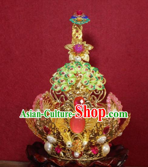 Handmade Chinese Taoism Cloisonne Peacock Hairdo Crown Traditional Ancient Taoist Swordsman Hair Accessories for Men