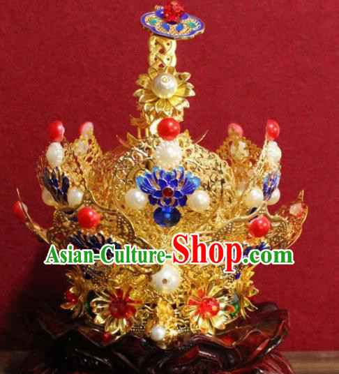Handmade Chinese Taoism Cloisonne Golden Hairdo Crown Traditional Ancient Taoist Swordsman Hair Accessories for Men