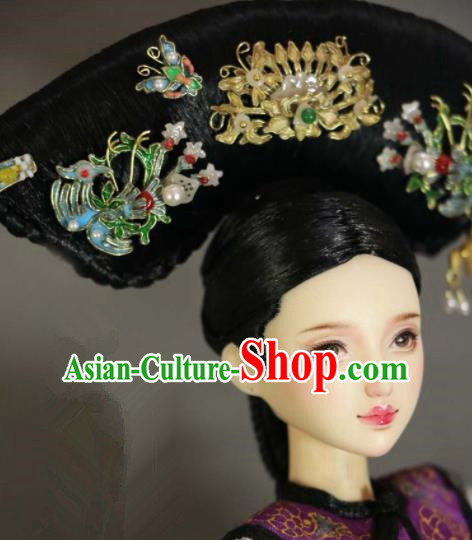 Chinese Ancient Palace Manchu Imperial Consort Cloisonne Phoenix Headwear Traditional Qing Dynasty Queen Hair Accessories for Women