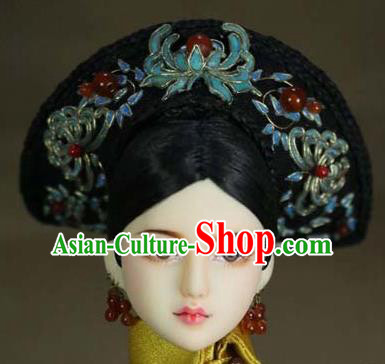 Chinese Ancient Palace Imperial Consort Blueing Hair Ornament Headwear Traditional Qing Dynasty Manchu Queen Hair Accessories for Women