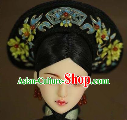 Chinese Ancient Palace Imperial Consort Cloisonne Lotus Hair Ornament Headwear Traditional Qing Dynasty Manchu Queen Hair Accessories for Women