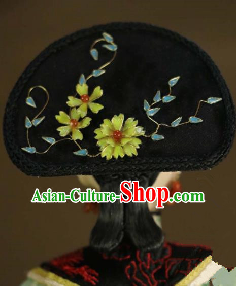 Chinese Ancient Palace Imperial Consort Cloisonne Lotus Hair Ornament Headwear Traditional Qing Dynasty Manchu Queen Hair Accessories for Women