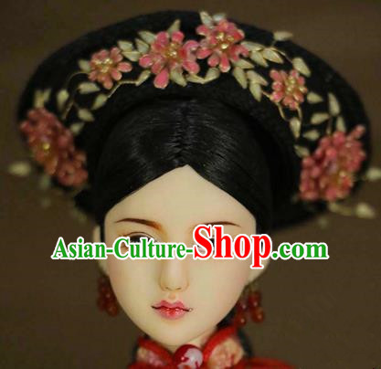 Chinese Ancient Palace Imperial Consort Cloisonne Pink Flowers Hair Ornament Headwear Traditional Qing Dynasty Manchu Hair Accessories for Women