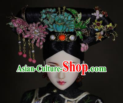 Chinese Ancient Cloisonne Peony Headwear Traditional Qing Dynasty Palace Manchu Imperial Consort Hair Accessories for Women