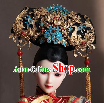 Chinese Ancient Palace Manchu Golden Phoenix Headwear Traditional Qing Dynasty Imperial Consort Hair Accessories for Women