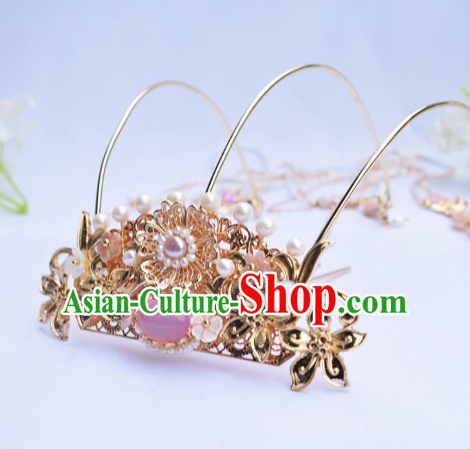Chinese Ancient Princess Hairpins Rose Chalcedony Tassel Phoenix Coronet Traditional Hanfu Hair Accessories for Women