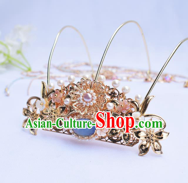 Chinese Ancient Princess Hairpins Blue Chalcedony Tassel Phoenix Coronet Traditional Hanfu Hair Accessories for Women