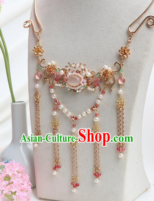 Handmade Chinese Hanfu Necklace Traditional Ancient Princess Rose Chalcedony Necklet Accessories for Women