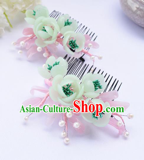 Chinese Ancient Princess Green Flowers Hair Comb Hairpins Traditional Hanfu Hair Accessories for Women