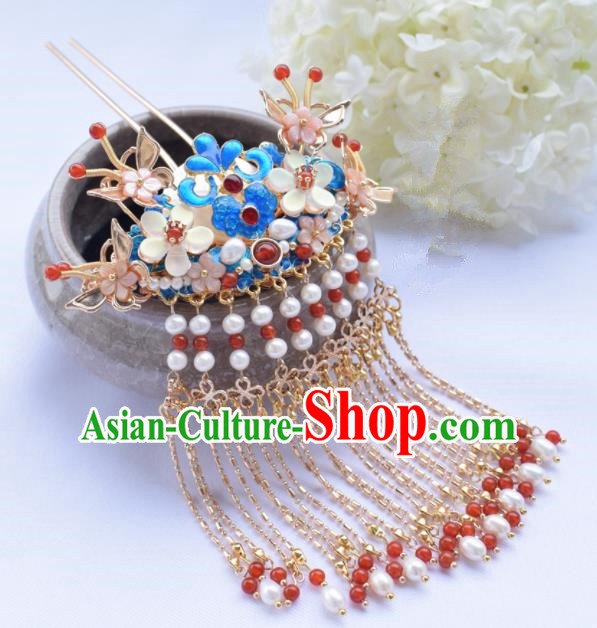 Chinese Ancient Princess Palace Cloisonne Tassel Hairpins Traditional Handmade Hanfu Hair Accessories for Women