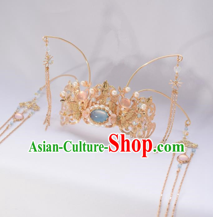 Chinese Ancient Princess Palace Blue Chalcedony Tassel Hair Crown Hairpins Traditional Handmade Hanfu Hair Accessories for Women