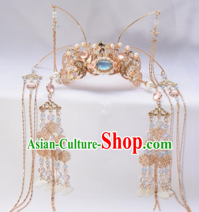 Chinese Ancient Princess Palace Blue Tassel Hair Crown Hairpins Traditional Handmade Hanfu Hair Accessories for Women