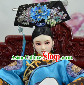 Chinese Ancient Palace Concubine Blueing Peony Headwear Traditional Qing Dynasty Manchu Imperial Consort Hair Accessories for Women