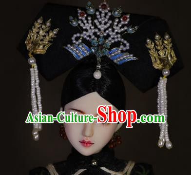 Chinese Ancient Cloisonne Phoenix Tassel Headwear Traditional Qing Dynasty Palace Manchu Imperial Consort Hair Accessories for Women