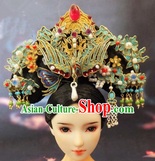 Chinese Ancient Palace Queen Phoenix Headwear Traditional Qing Dynasty Manchu Empress Hair Accessories for Women