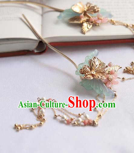 Chinese Ancient Princess Jade Butterfly Tassel Hairpins Traditional Hanfu Hair Accessories for Women