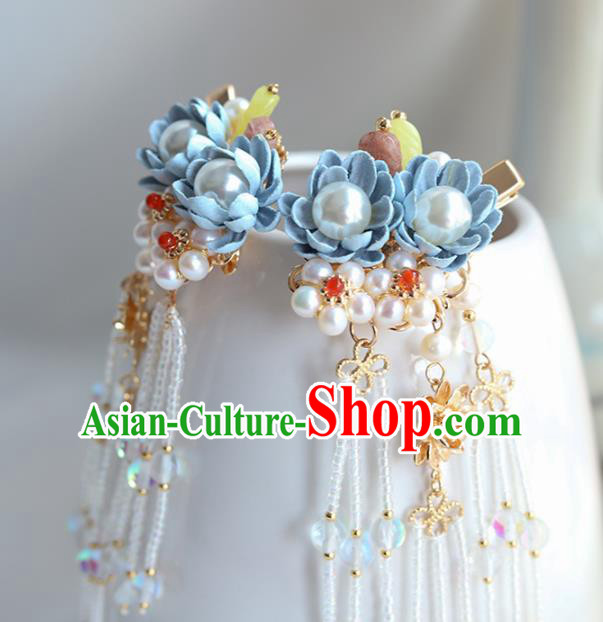 Chinese Ancient Princess Blue Flowers Hair Claws Hairpins Traditional Hanfu Hair Accessories for Women