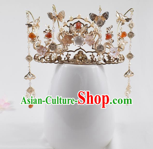 Chinese Ancient Princess Chalcedony Tassel Phoenix Coronet Hairpins Traditional Hanfu Hair Accessories for Women