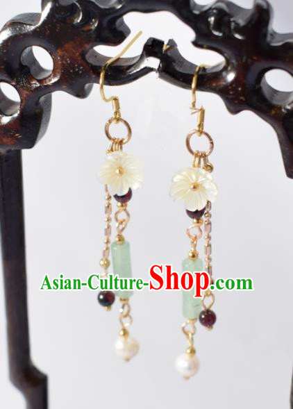 Chinese Ancient Princess Shell Flower Ear Accessories Traditional Hanfu Jade Tassel Earrings for Women