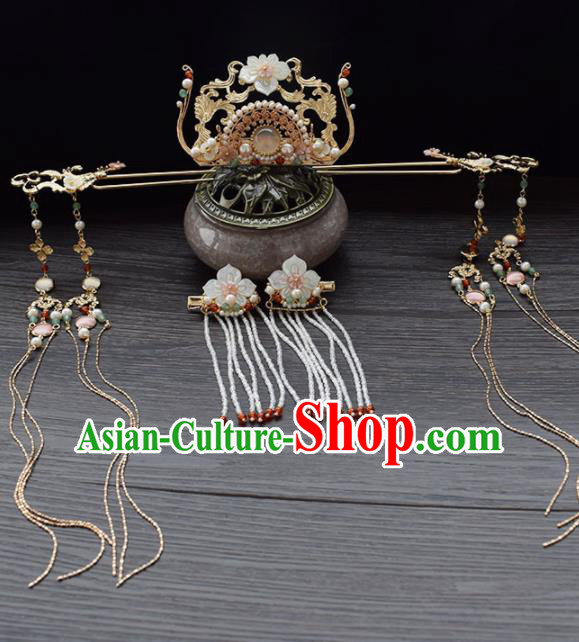 Chinese Ancient Princess Palace Shell Lotus Hair Crown Tassel Hairpins Traditional Handmade Hanfu Hair Accessories Complete Set for Women