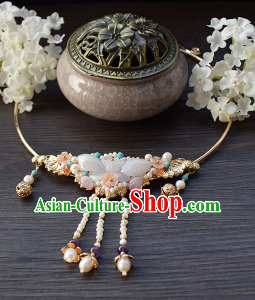 Handmade Chinese Hanfu Jade Necklace Traditional Ancient Princess Tassel Necklet Accessories for Women