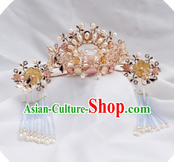 Chinese Ancient Princess Palace Pearls Hair Crown Tassel Hairpins Traditional Handmade Hanfu Hair Accessories for Women