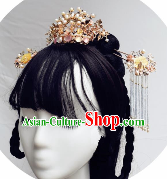 Chinese Ancient Princess Palace Pearls Hair Crown Tassel Hairpins Traditional Handmade Hanfu Hair Accessories for Women