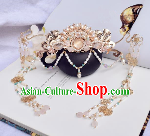 Chinese Ancient Princess Palace Pearls Tassel Hair Crown Hairpins Traditional Handmade Hanfu Hair Accessories for Women