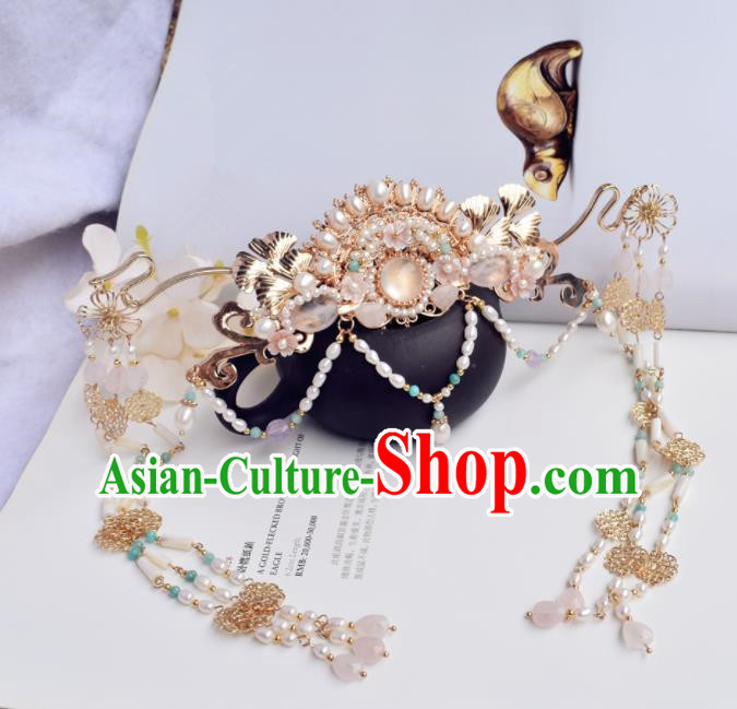 Chinese Ancient Princess Palace Pearls Tassel Hair Crown Hairpins Traditional Handmade Hanfu Hair Accessories for Women