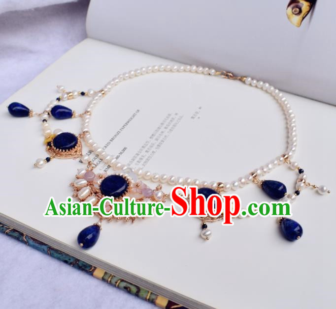 Handmade Chinese Hanfu Blue Stone Necklace Traditional Ancient Princess Necklet Accessories for Women