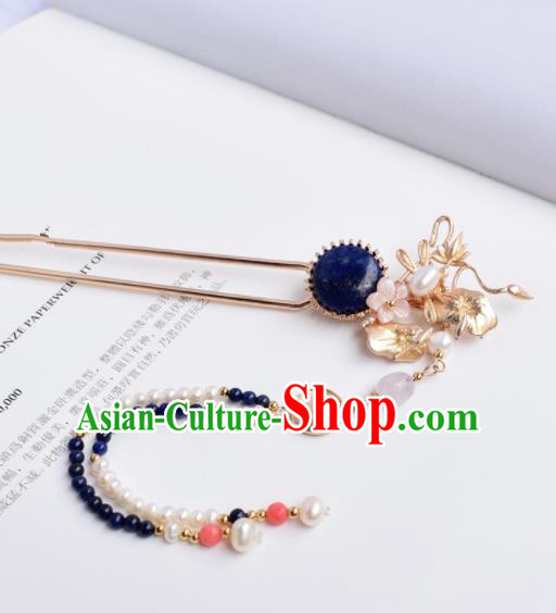 Chinese Ancient Princess Palace Pearls Tassel Blue Stone Hairpins Traditional Handmade Hanfu Hair Accessories for Women