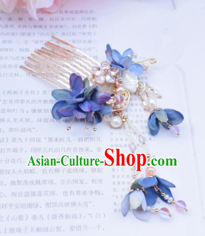 Chinese Ancient Princess Palace Blue Flowers Shell Hair Comb Hairpins Traditional Handmade Hanfu Hair Accessories for Women