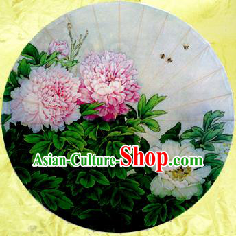 Handmade Chinese Traditional Printing Peony White Umbrellas Ancient Oiled Paper Umbrella