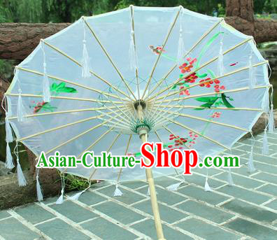 Handmade Chinese Traditional Printing White Tassel Oiled Paper Umbrellas Ancient Princess Umbrella