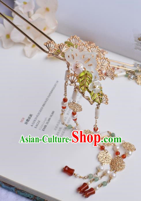Chinese Ancient Princess Palace Shell Agate Tassel Hairpins Traditional Handmade Hanfu Hair Accessories for Women
