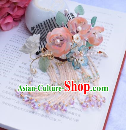 Chinese Ancient Princess Palace Pink Flowers Hair Combs Hairpins Traditional Handmade Hanfu Hair Accessories for Women