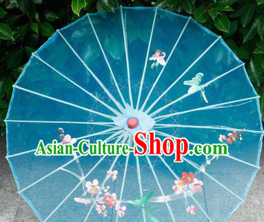 Handmade Printing Plum Blossom Lake Blue Oiled Paper Umbrellas Chinese Traditional Ancient Princess Umbrella